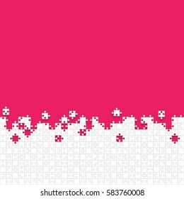 Puzzle pink background, banner, blank. Vector jigsaw section template. Background with puzzle frame separate pieces, mosaic, details, tiles, parts. Square outline abstract jigsaw. Game group detail.