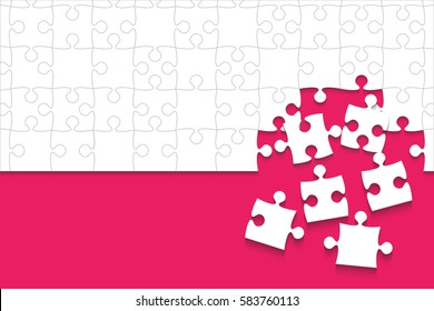 Puzzle pink background, banner, blank. Vector jigsaw section template. Background with puzzle white separate pieces mosaic, details, tiles, parts. Rectangle outline abstract jigsaw. Game group detail.