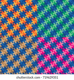 Puzzle plaid pattern in four colorways repeats seamlessly.
