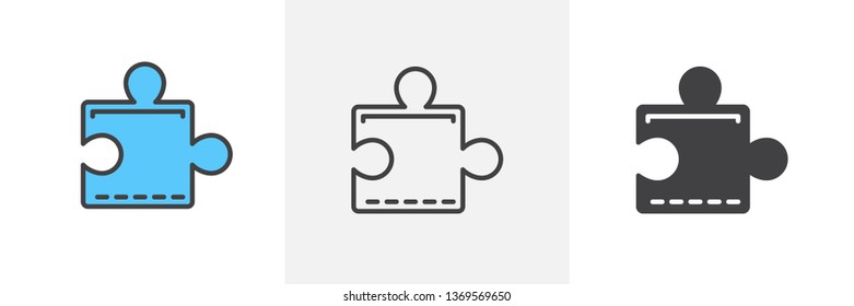 Puzzle, plugin icon. Line, glyph and filled outline colorful version, Jigsaw puzzle piece outline and filled vector sign. Symbol, logo illustration. Different style icons set. Vector graphics