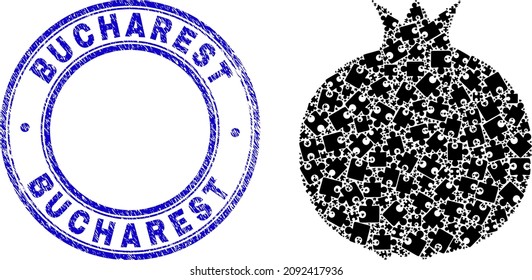 Puzzle Pomegranate mosaic icon with Bucharest stamp. Blue vector round textured stamp with Bucharest caption. Abstract composition of Pomegranate icon organized of puzzle components.