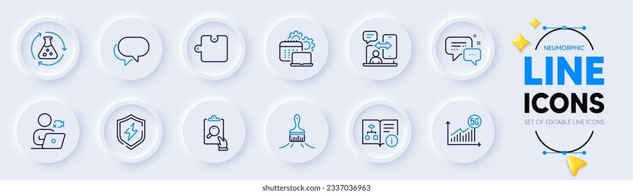 Puzzle, Power Safety y Chemistry experiment iconos de línea para aplicación web. Paquete de videoconferencia, burbuja de llamadas, iconos del pictograma del mensajero de empleados. Algoritmo técnico, estadísticas de 5g. Vector