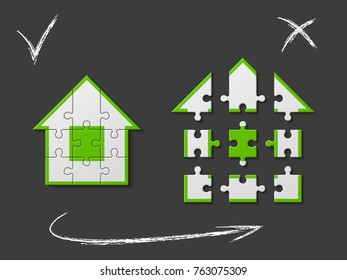 Puzzle Puzzle presentation. Home puzzles kit banner. Infographic template with explanatory text field for business statistics. Vector puzzle building illustration. Nine pieces home game set