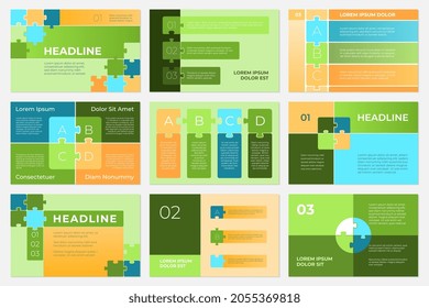 Puzzle presentation templates. Infographic concept, business sliders step by step. Work project, modern structure jigsaw banners recent vector set