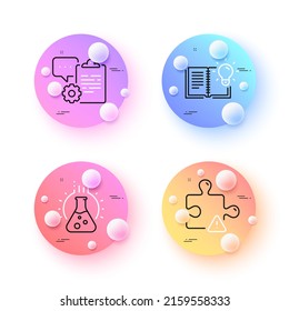 Puzzle, Product knowledge and Chemistry lab minimal line icons. 3d spheres or balls buttons. Clipboard icons. For web, application, printing. Jigsaw game, Education process, Laboratory. Vector