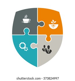 puzzle Protection shield concept. Safety badge icon. Privacy banner. Security label. Defense tag. Presentation sticker shape. Defense sign. Vector illustration