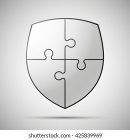 puzzle Protection shield concept. Safety badge icon. Privacy banner. Security label. Defense tag. Presentation sticker shape. Defense sign. Vector illustration