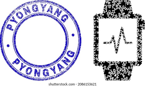 Icono del mosaico del rastreador de pulso de rompecabezas y sello del sello Pyongyang. Sello de sello de sellado circular redondeado con vector azul con texto de Pyongyang. Composición abstracta del icono del rastreador de pulsos combinado de elementos del rompecabezas.