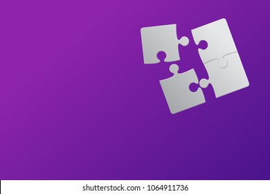 Puzzle purple background, banner, blank. Vector jigsaw section template. Background with puzzle 4 separate pieces, mosaic, details, tiles, parts. Rectangle outline abstract jigsaw. Game group detail.