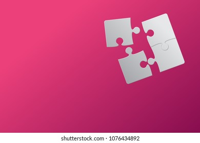 Puzzle purple background, banner, blank. Vector jigsaw section template. Background with puzzle 4 separate pieces, mosaic, details, tiles, parts. Rectangle outline abstract jigsaw. Game group detail.
