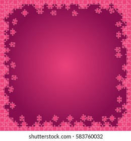 Puzzle purple background, banner, blank. Vector jigsaw section template. Background with puzzle frame separate pieces, mosaic, details, tiles, parts. Square outline abstract jigsaw. Game group detail.