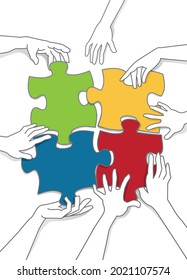 Puzzle put together by several hands. vector illustration