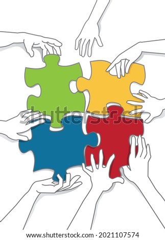 Puzzle put together by several hands. vector illustration