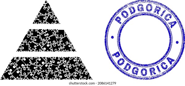 Puzzle pyramide mosaic pictogram with Podgorica seal. Blue vector round scratched seal stamp with Podgorica message. Abstract mosaic of pyramide icon constructed of puzzle items.