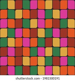 Puzzle quarters pattern. Seamless abstract and multicolor ornament. Decor quarters and geometric shapes. Orange, yellow and green colors.