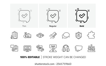 Puzzle, Quiz test and Online video line icons. Pack of Checklist, Confirmed, Fake review icon. Shield, Messenger, Credit card pictogram. Video conference, Marketing, Clipboard. Line icons. Vector