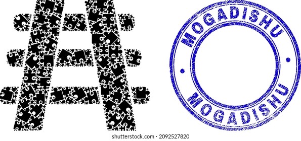 Puzzle railroad mosaic icon with Mogadishu seal. Blue vector round grunge watermark with Mogadishu phrase. Abstract mosaic of railroad icon combined of puzzle icons.