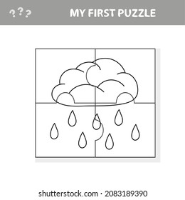 Puzzle. Rain cloud in cartoon style, education game for development of preschool children, vector illustration. My first puzzle. Coloring page