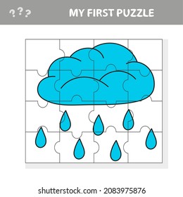Puzzle. Rain cloud in cartoon style, education game for development of preschool children, vector illustration. My first puzzle