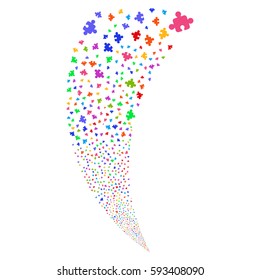 Puzzle random fireworks stream. Vector illustration style is flat bright multicolored iconic symbols on a white background. Object fountain constructed from scattered pictographs.
