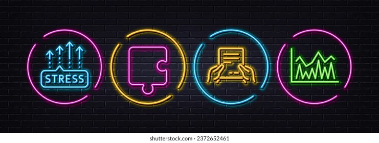 Puzzle, Receive file and Stress grows minimal line icons. Neon laser 3d lights. Investment icons. For web, application, printing. Puzzle piece, Hold document, Mental anxiety. Vector