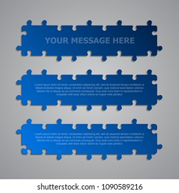 Puzzle rectangle background, banner, blank. Vector jigsaw section template. Background with puzzle storeboard separate pieces, mosaic, details, tiles, parts. Abstract jigsaw. Game signboard detail.