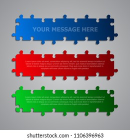 Puzzle rectangle background, banner, blank. Vector jigsaw section template. Background with puzzle storeboard separate pieces, mosaic, details, tiles, parts. Abstract jigsaw. Game signboard detail.