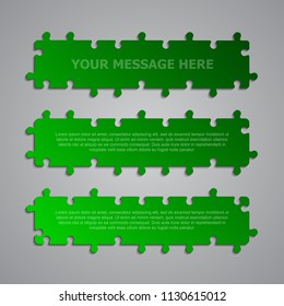 Puzzle rectangle background, banner, blank. Vector jigsaw section template. Background with puzzle storeboard separate pieces, mosaic, details, tiles, parts. Abstract jigsaw. Game signboard detail.