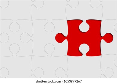 Puzzle red background, banner, blank. Vector jigsaw section template. Background with puzzle white separate pieces mosaic, details, tiles, parts. Rectangle outline abstract jigsaw. Game group detail.