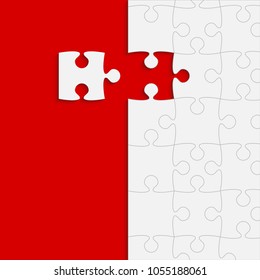 Puzzle red background, banner, blank. Vector jigsaw section template. Background with puzzle white separate pieces mosaic, details, tiles, parts. Square outline abstract jigsaw. Game group detail.