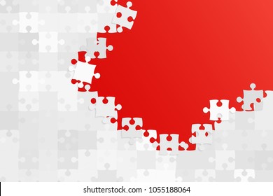 Puzzle red background, banner, blank. Vector jigsaw section template. Background with grey puzzle frame separate pieces, mosaic, details, tiles, parts. Rectangle abstract jigsaw. Game group detail.