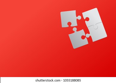 Puzzle red background, banner, blank. Vector jigsaw section template. Background with puzzle 4 separate pieces, mosaic, details, tiles, parts. Rectangle outline abstract jigsaw. Game group detail.
