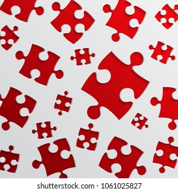 Puzzle red background, banner, blank. Vector jigsaw section template. Background with puzzle white separate pieces mosaic, details, tiles, parts. Square outline abstract jigsaw. Game group detail.