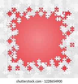 Puzzle red background, banner, blank. Vector jigsaw section template. Background with grey puzzle frame separate pieces, mosaic, details, tiles, parts. Square abstract jigsaw. Game group detail.