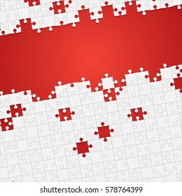 Puzzle red background, banner, blank. Vector jigsaw section template. Background with puzzle white separate pieces, mosaic, details, tiles, parts. Rectangle outline abstract jigsaw. Game group detail.