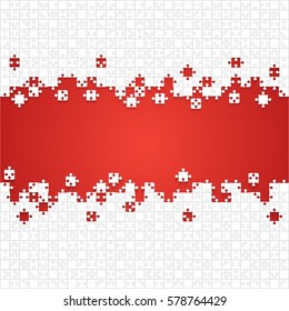 Fondo rojo rompecabezas, cartel, en blanco. Plantilla de sección de sierra de visión vectorial. Fondo con piezas separadas en blanco rompecabezas, mosaico, detalles, azulejos, partes. Visera abstracta de contorno de rectángulo. Detalle del grupo de juegos.