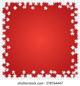 Puzzle red background, banner, blank. Vector jigsaw section template. Background with puzzle frame separate pieces, mosaic, details, tiles, parts. Rectangle outline abstract jigsaw. Game group detail.