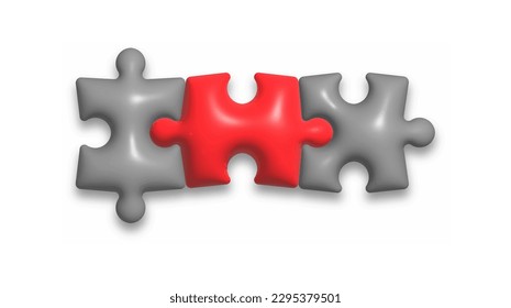 Puzzle. The red element of the puzzle stands out against the background of the gray parts. Volumetric style