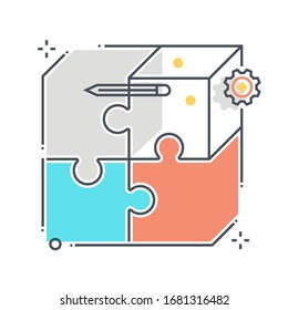 Puzzle related color line vector icon, illustration. The icon is about business market fit, jigsaw, solving, box. The composition is infinitely scalable.