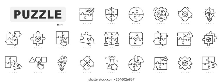 Puzzle related line icons. Jigsaw, idea, solution etc. Editable stroke