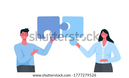 Puzzle relationship concept. Team metaphor. Couple connecting puzzle elements.Vector cartoon illustration. Relationship, friendship or coworkers. Man and woman on white isolated background.