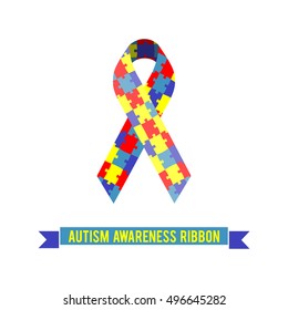 Puzzle ribbon - symbol Autism awareness. Vector illustration icon puzzle red-blue-yellow color ribbon.