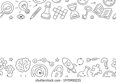 Puzzle and riddles. Hand drawn horizontal pattern with crossword puzzle, maze, brain, chess piece, light bulb, labyrinth, gear, lock and key. Vector illustration in doodle style on white background.