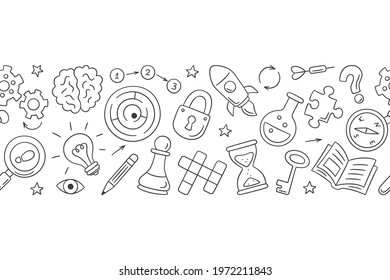 Puzzle and riddles. Hand drawn horizontal pattern with crossword puzzle, maze, brain, chess piece, light bulb, labyrinth, gear, lock and key. Vector illustration in doodle style on white background.