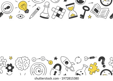 Puzzle and riddles. Hand drawn horizontal pattern with crossword puzzle, maze, brain, chess piece, light bulb, labyrinth, gear, lock and key. Vector illustration in doodle style on white background.