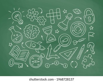 Puzzle and riddles hand drawn icons on chalkboard. Crossword puzzle, Maze, Brain, Chess piece, Light bulb and labyrinth, gear, lock and key. Vector illustration in doodle style on white background.