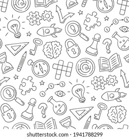 Puzzle and riddles. Hand drawn seamless pattern with crossword puzzle, maze, brain, chess piece, light bulb, labyrinth, gear, lock and key. Vector illustration in doodle style on white background