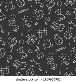 Puzzle And Riddles. Hand Drawn Seamless Pattern With Crossword Puzzle, Maze, Brain, Chess Piece, Light Bulb, Labyrinth, Gear, Lock And Key. Vector Illustration In Doodle Style On Chalkboard Background