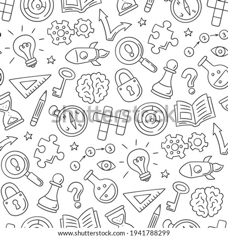 Puzzle and riddles. Hand drawn seamless pattern with crossword puzzle, maze, brain, chess piece, light bulb, labyrinth, gear, lock and key. Vector illustration in doodle style on white background
