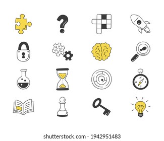 Puzzle and riddles. Set of isolated hand drawn icons. Crossword puzzle, Maze, Brain, Chess piece, Light bulb, labyrinth, gear, lock and key. Vector illustration in doodle style on white background